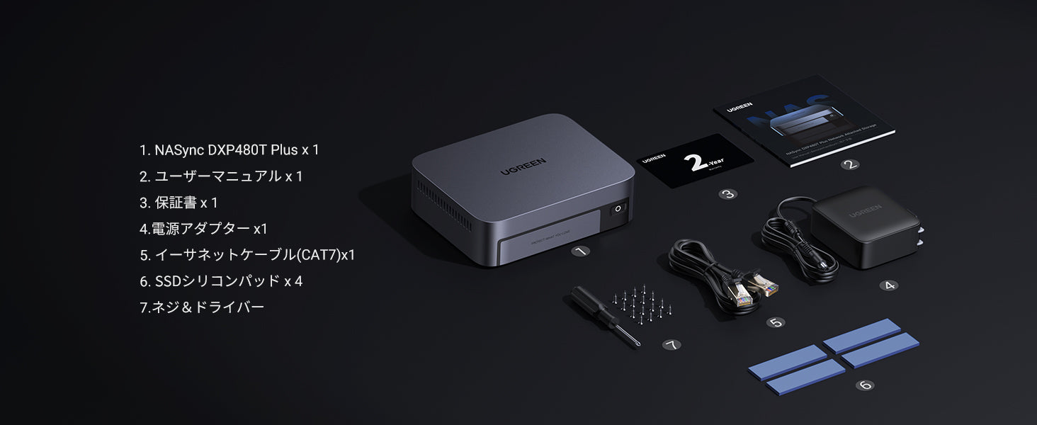 UGREEN NASync DXP480T Plusの付属品一覧(本体、電源アダプター、LANケーブル、SSDパッド、ネジ、マニュアルなど)