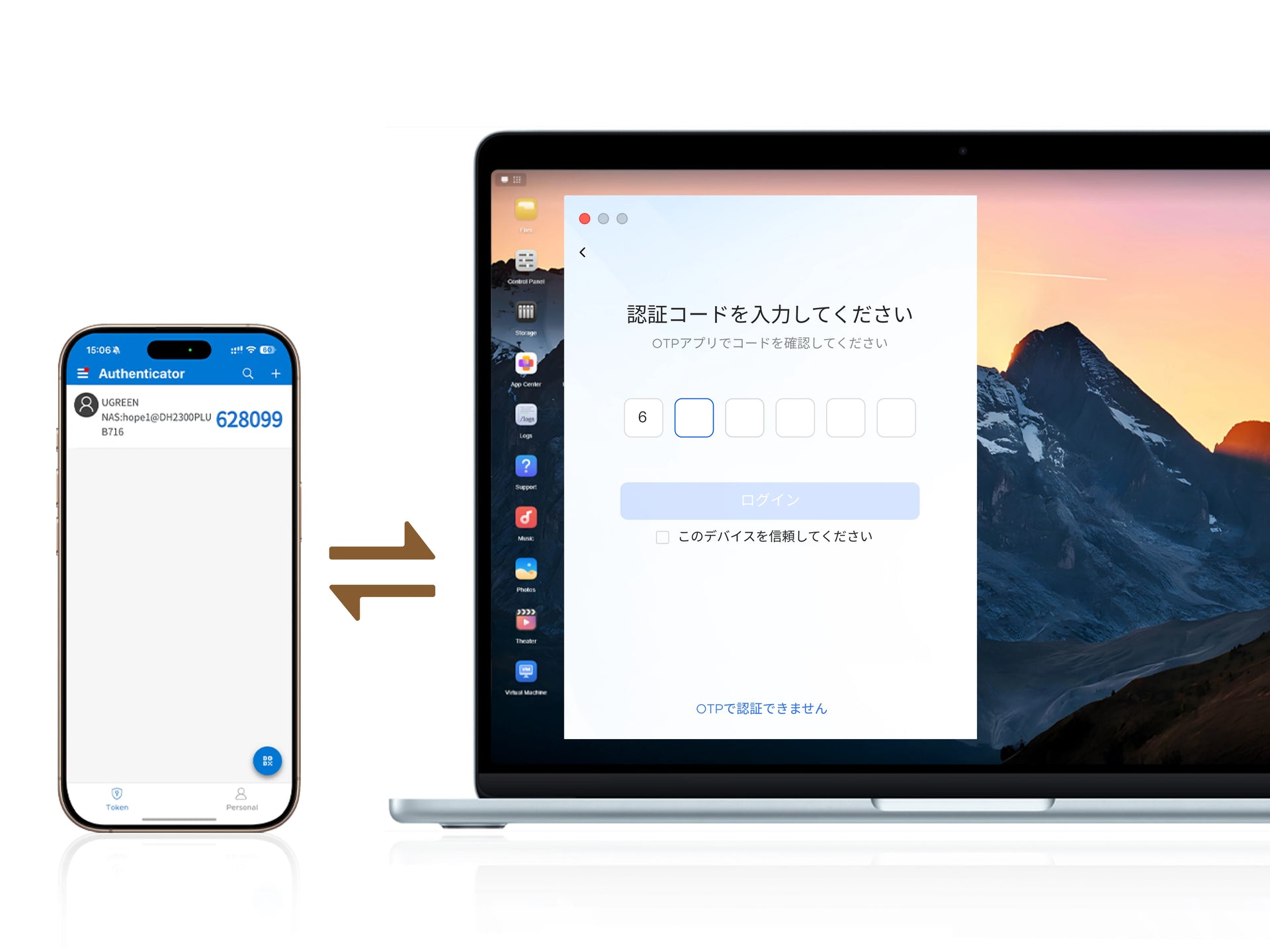 NASync の二要素認証(2FA)による安全なログインとデバイス認証の利用イメージ