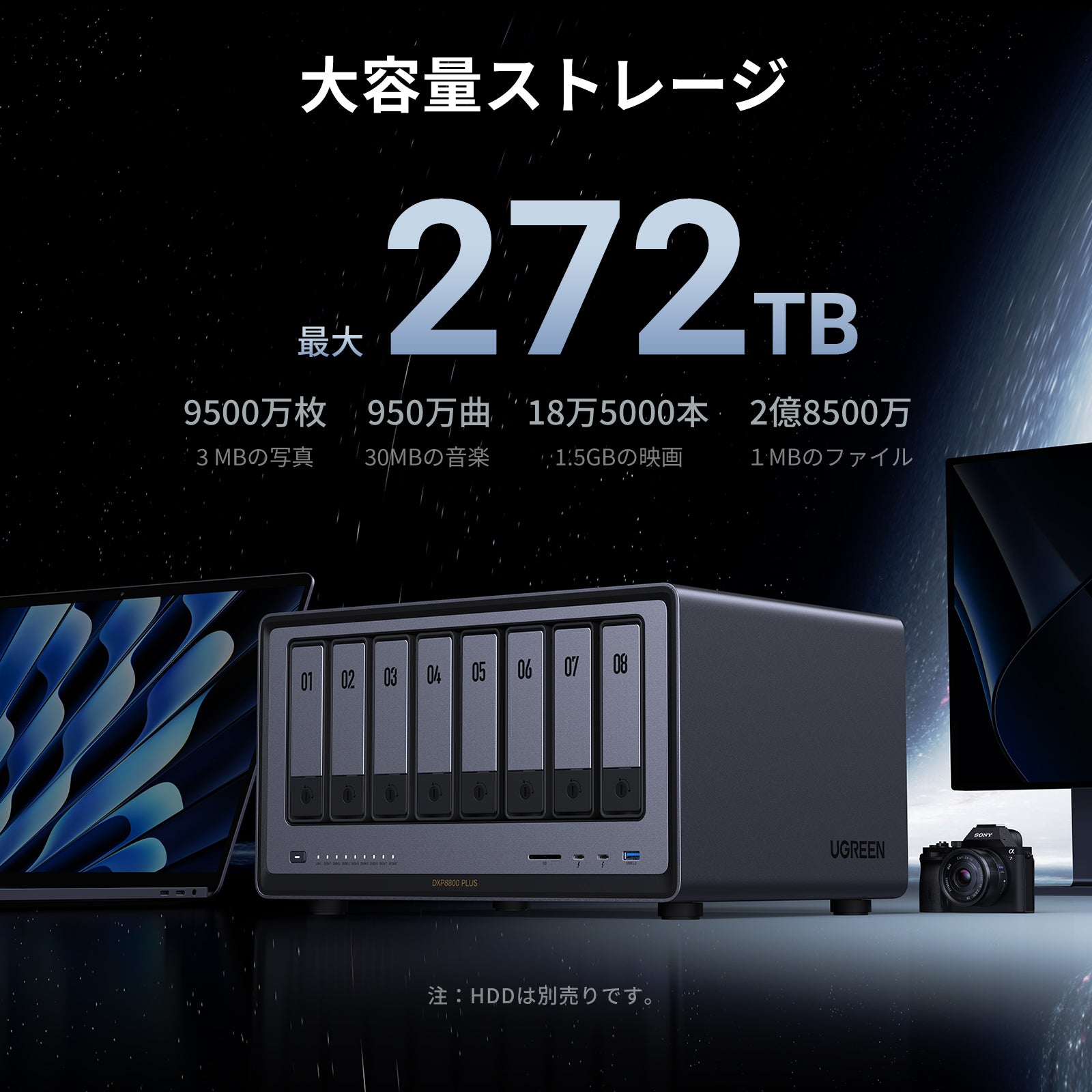 UGREEN 8ベイ NAS｜272TBの大容量データストレージ